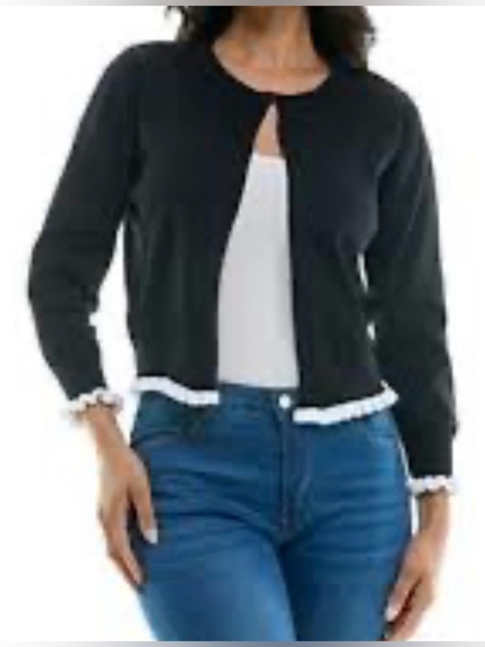 NINA LEONARD Ruffle Front cardigan sweater in black with white ruffles. M. NWT